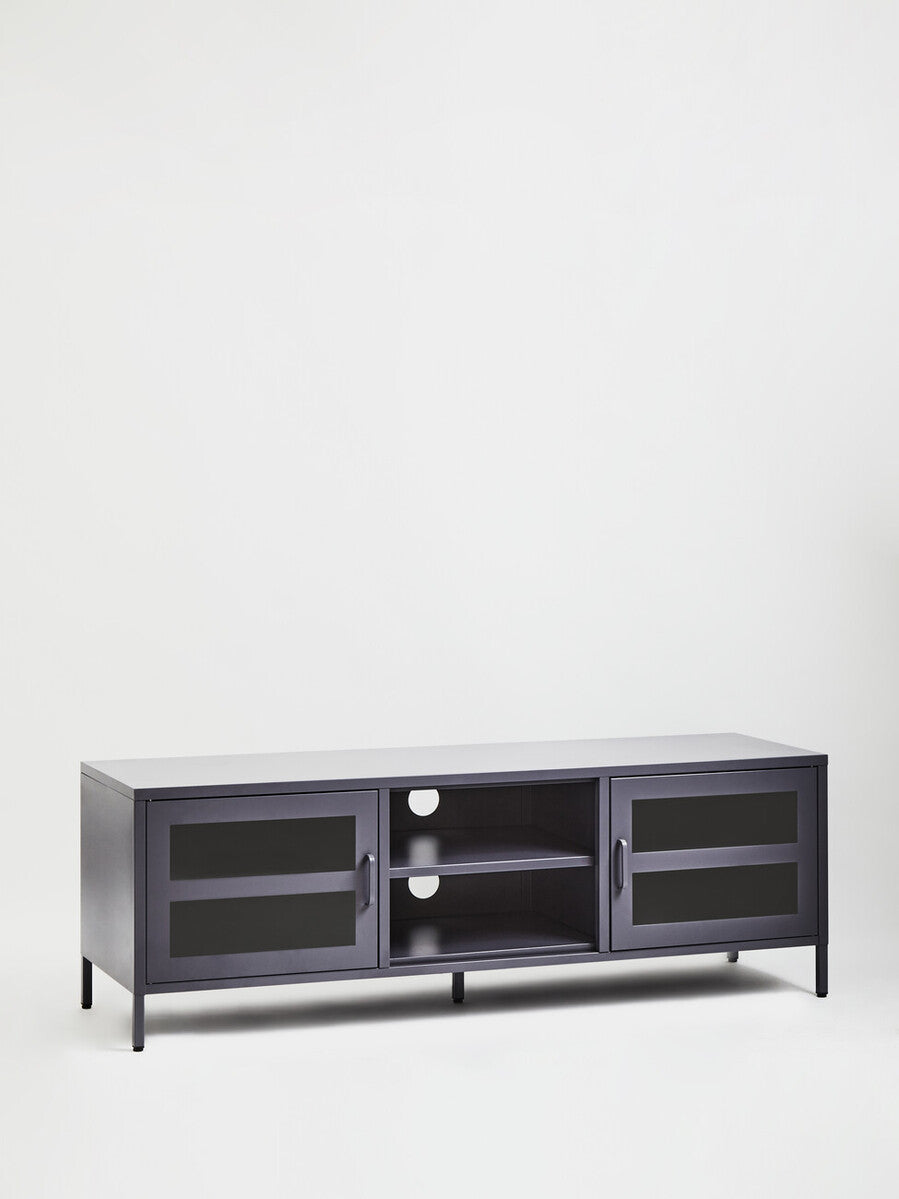 Black metal media unit with glass doors and open shelving in grey metal for stylish tv storage