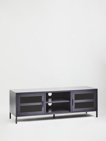Black metal media unit with glass doors and open shelving in grey metal for stylish tv storage