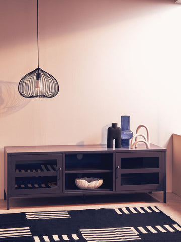Dark gray metal media console with glass doors and open shelving metal media unit for living room storage
