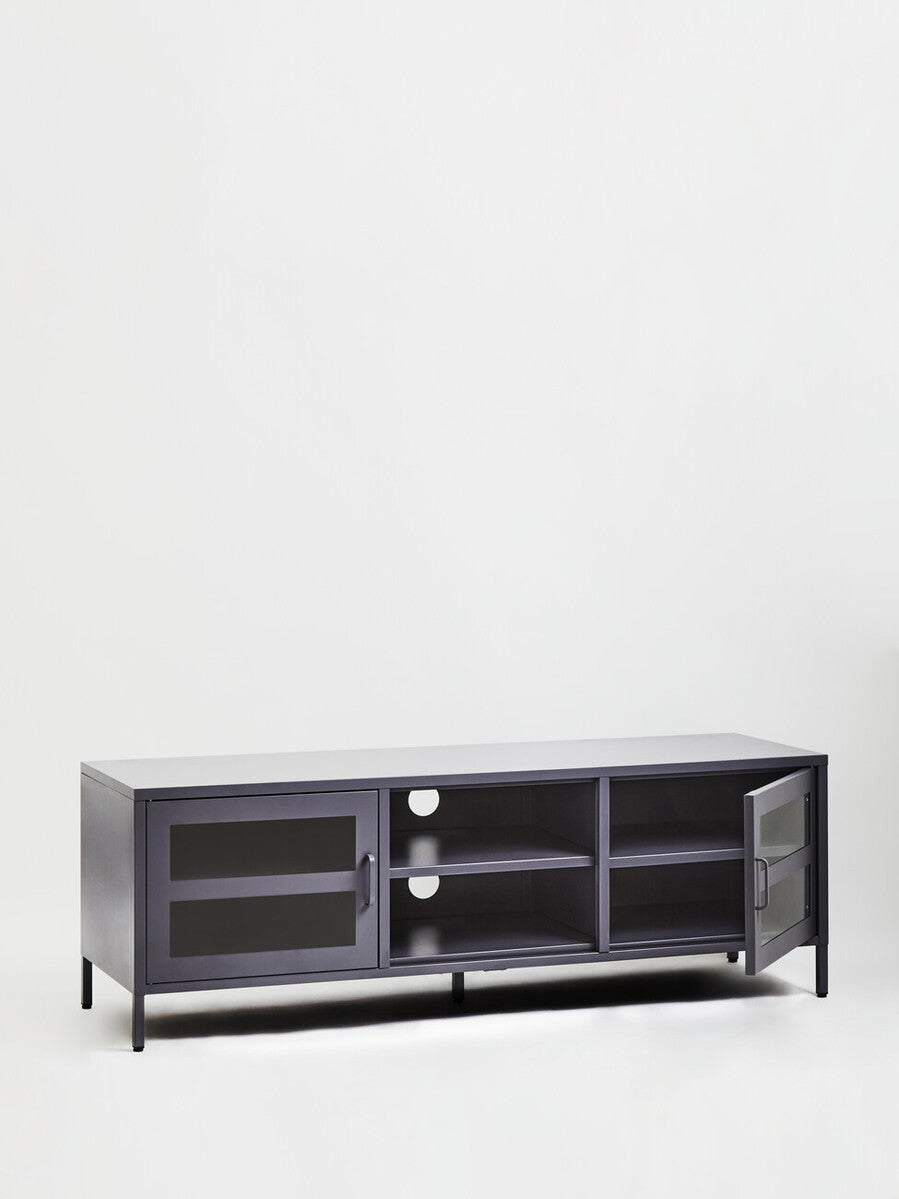 Dark gray metal media unit with glass doors and open shelves for stylish grey metal media storage