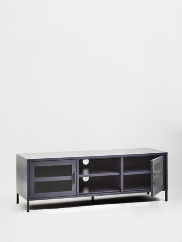 Dark gray metal media unit with glass doors and open shelves for stylish grey metal media storage