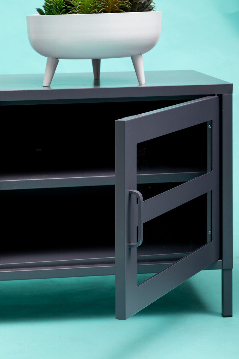 Gray metal media unit with glass panel and minimalist design for stylish storage and display
