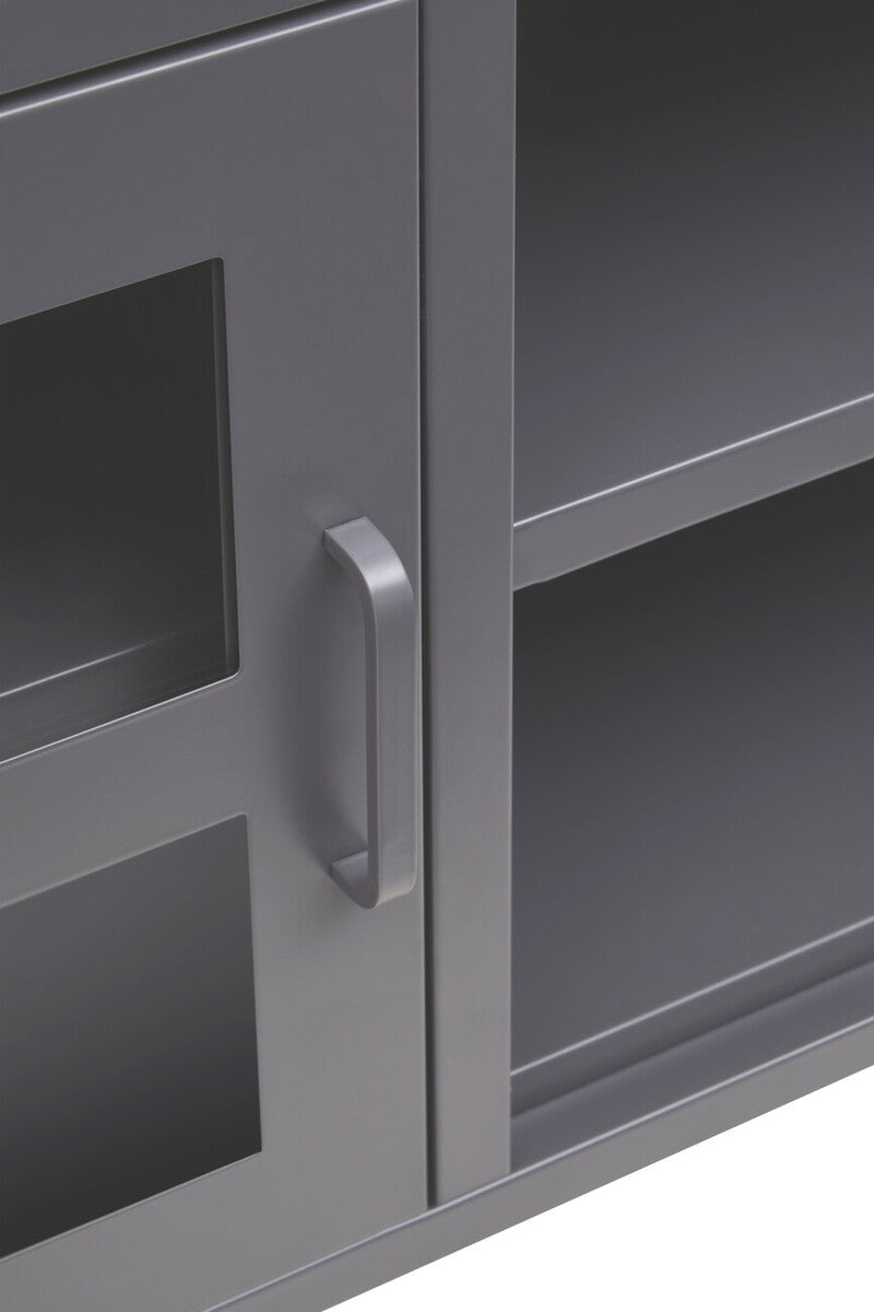 Gray metal media unit door with sleek handle and two glass panels for modern grey metal storage solution