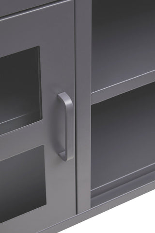 Gray metal media unit door with sleek handle and two glass panels for modern grey metal storage solution