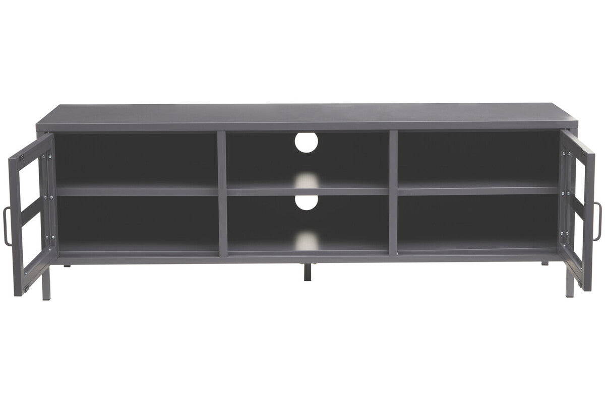 Acier two door grey metal media unit with glass doors and open shelving for stylish grey metal media storage
