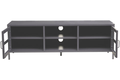 Acier two door grey metal media unit with glass doors and open shelving for stylish grey metal media storage