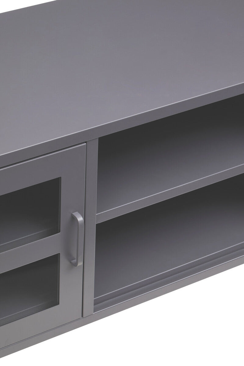 Gray metal media console with glass-paneled door and open shelving in acier two door grey metal media unit