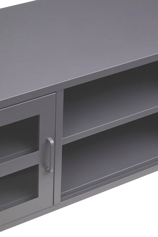Gray metal media console with glass-paneled door and open shelving in acier two door grey metal media unit