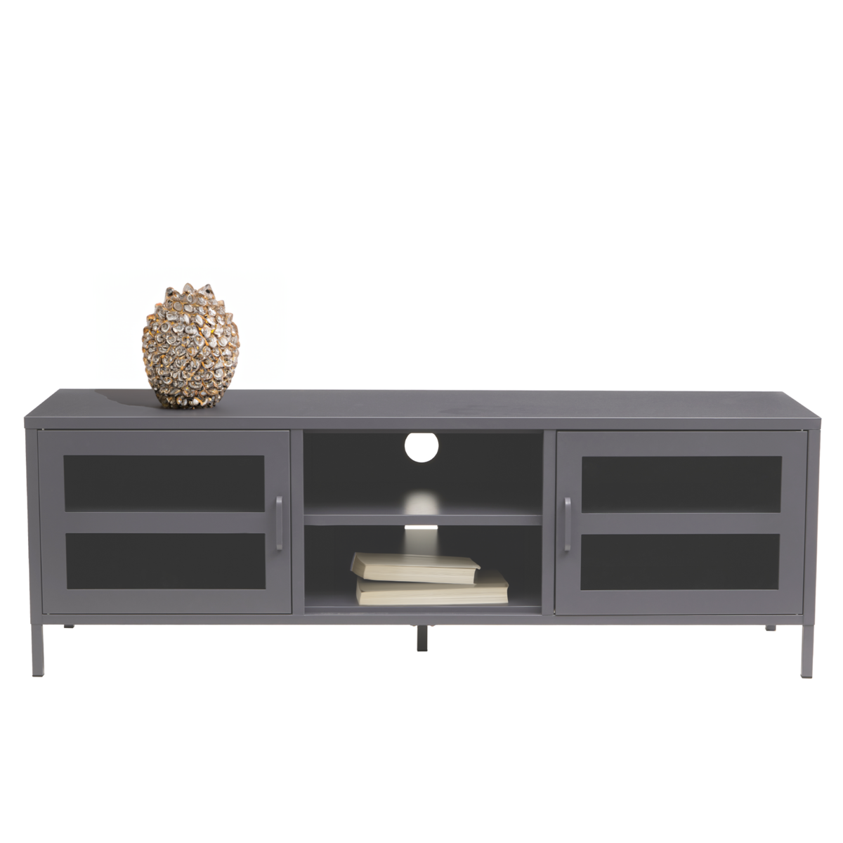 Gray metal media unit with glass doors and central open shelf holding books in acier two door grey metal console