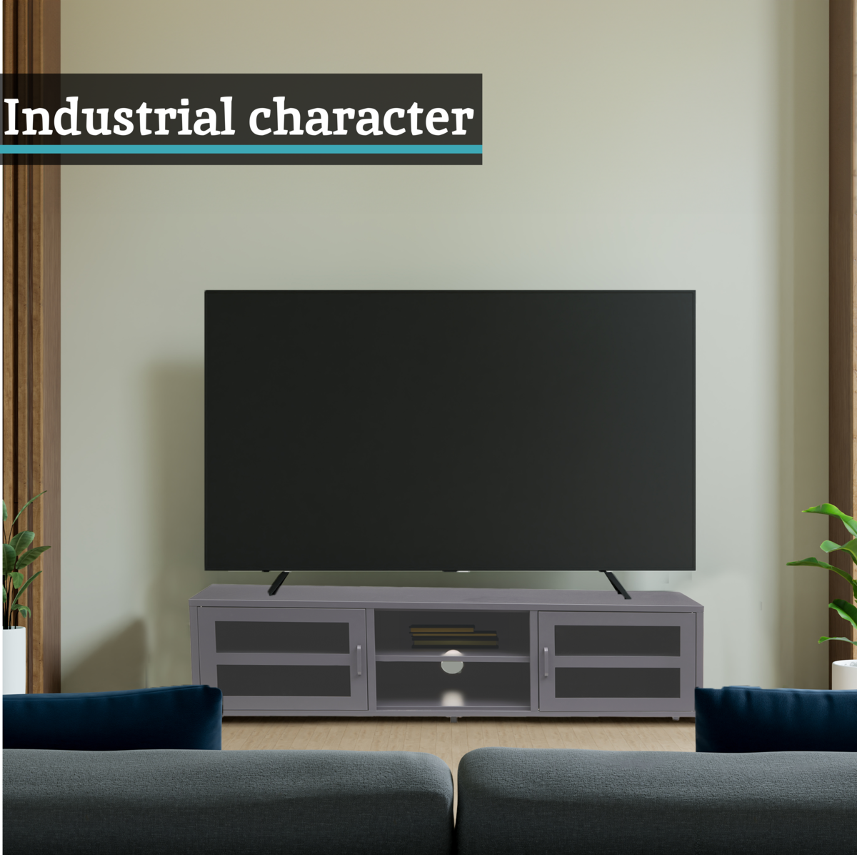 Acier two door grey metal media unit with grey metal frame glass-paneled doors and central open shelf tv stand