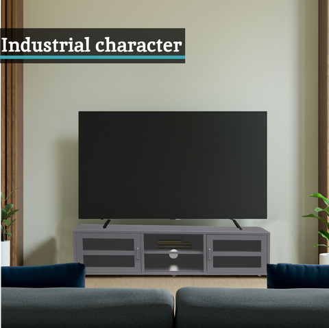 Acier two door grey metal media unit with grey metal frame glass-paneled doors and central open shelf tv stand