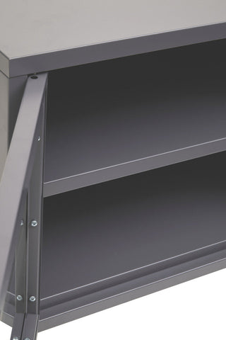 Gray metal media unit with sleek industrial design and visible support brackets for stylish storage solutions