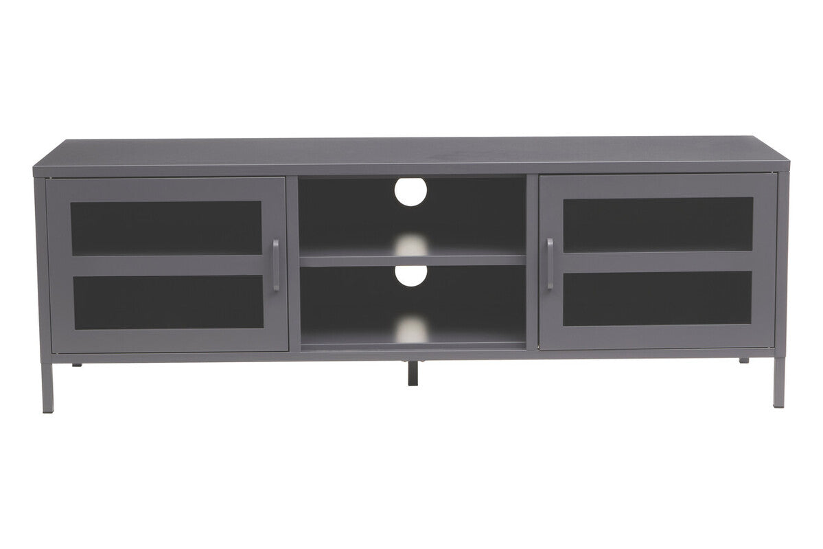 Grey metal media unit with two glass doors and two open shelves perfect for living room storage