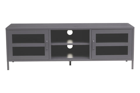 Grey metal media unit with two glass doors and two open shelves perfect for living room storage