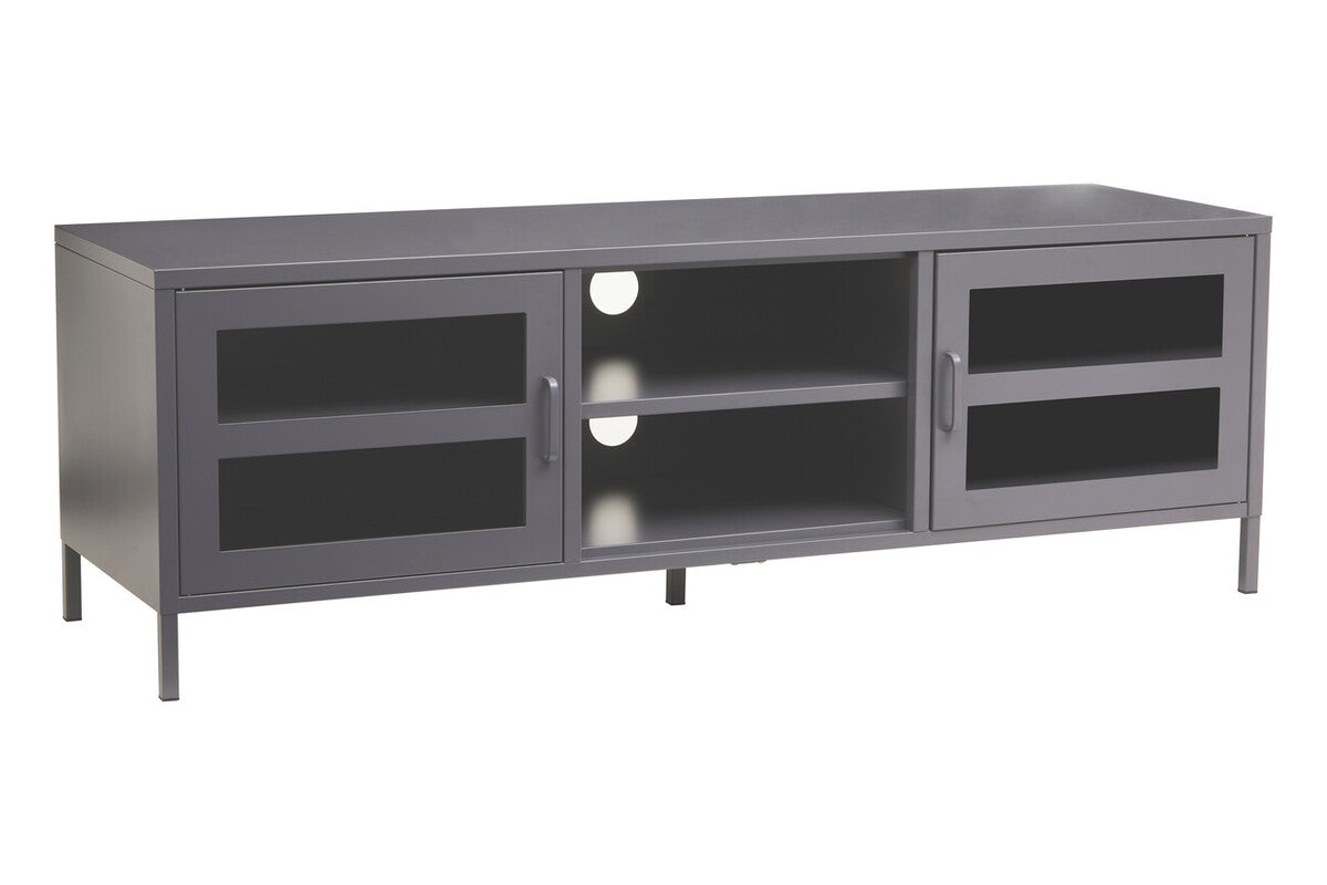 Gray metal media unit with two glass doors and open shelving designed for stylish storage and display