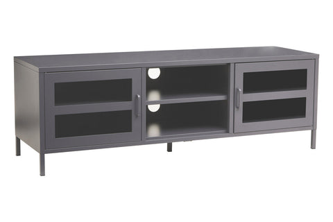 Gray metal media unit with two glass doors and open shelving designed for stylish storage and display