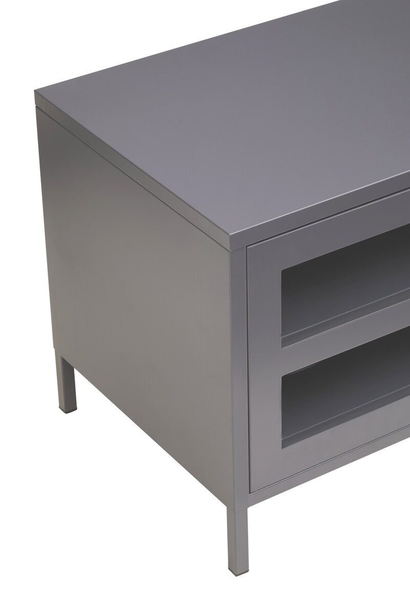 Gray metal media unit with glass-fronted shelves and sleek minimalist design for modern living rooms