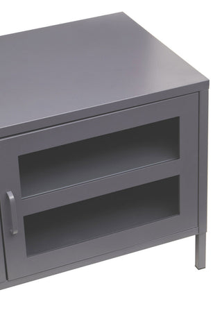 Acier two door grey metal media unit with sleek grey metal media stand and glass-paneled doors for modern storage