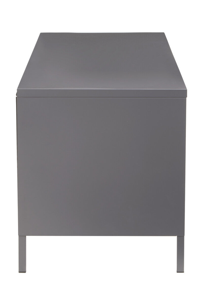 Modern grey metal media unit with sleek two door design and minimalist clean lines for stylish storage