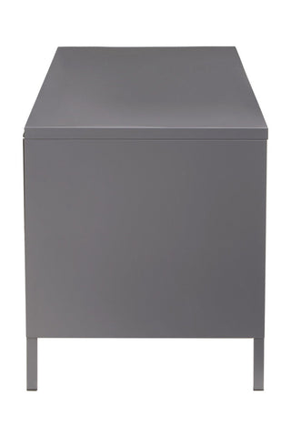 Modern grey metal media unit with sleek two door design and minimalist clean lines for stylish storage