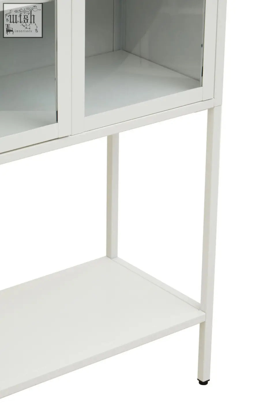 White metal cabinet with two glass doors and a lower shelf perfect for organized storage and display