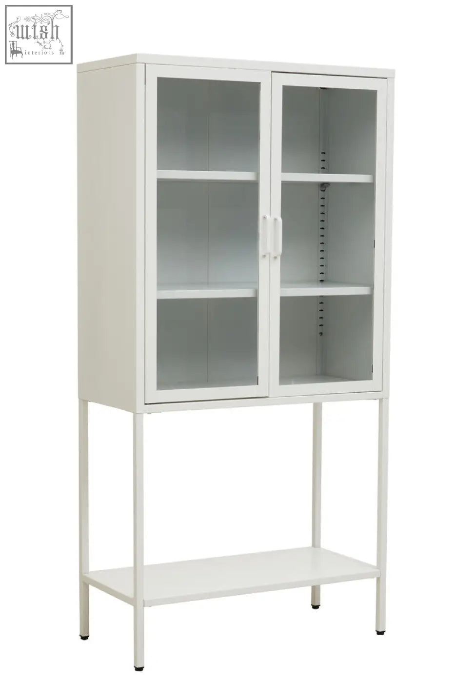 Acier two door white metal cabinet with glass doors and a lower shelf for stylish storage solutions