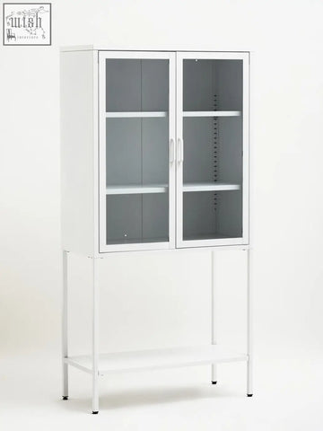 Acier two door white metal cabinet with glass doors and adjustable shelves for organized storage