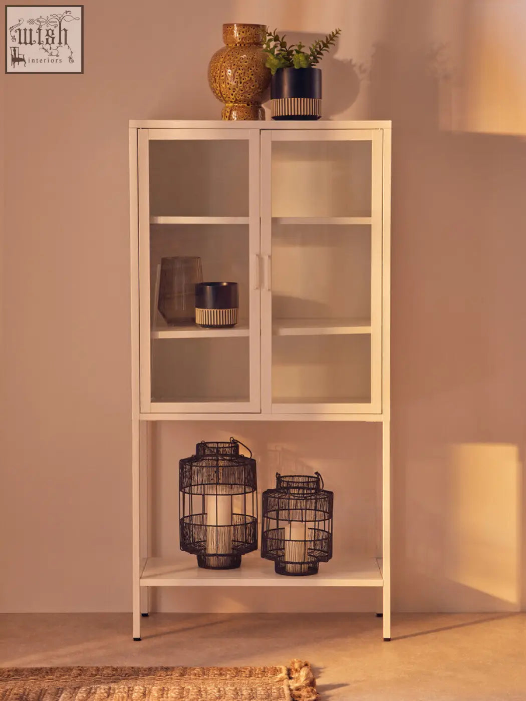 Acier two door white metal cabinet with glass doors featuring minimalist design and open shelving white metal cabinet