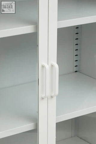 Acier two door white metal cabinet with glass doors and white metal handles for stylish storage solution