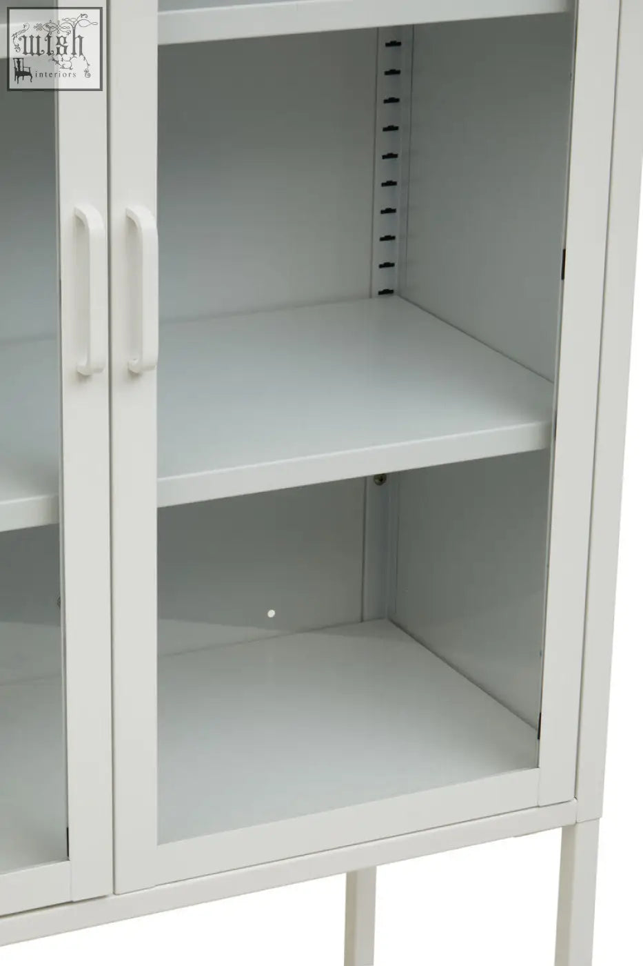 Acer two door white metal cabinet with glass doors and two shelves for versatile storage solutions