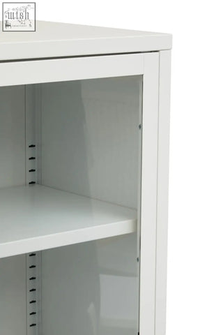 Acier two door white metal cabinet with glass doors and adjustable shelves for versatile storage needs