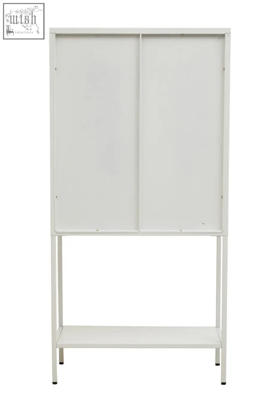 White metal cabinet with sliding glass doors and a lower shelf minimalist acier two door metal cabinet