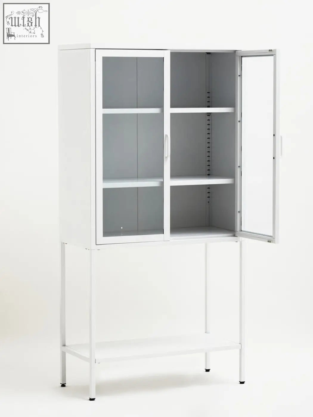 Acier two door white metal cabinet with glass doors and adjustable shelves for versatile metal cabinet storage