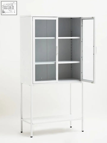 Acier two door white metal cabinet with glass doors and adjustable shelves for versatile metal cabinet storage
