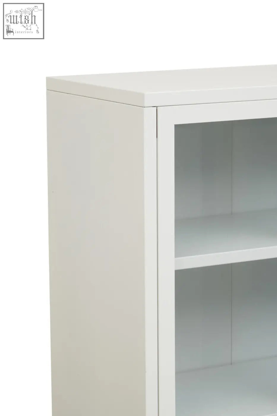 Acier two door white metal cabinet with glass doors featuring two shelves and a glass door white metal cabinet