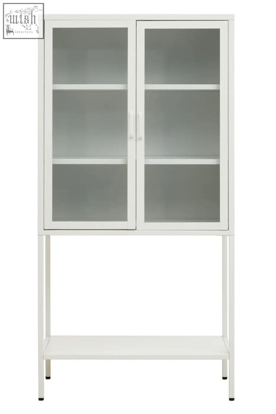 White metal cabinet with frosted glass doors and lower open shelf perfect for office or home storage