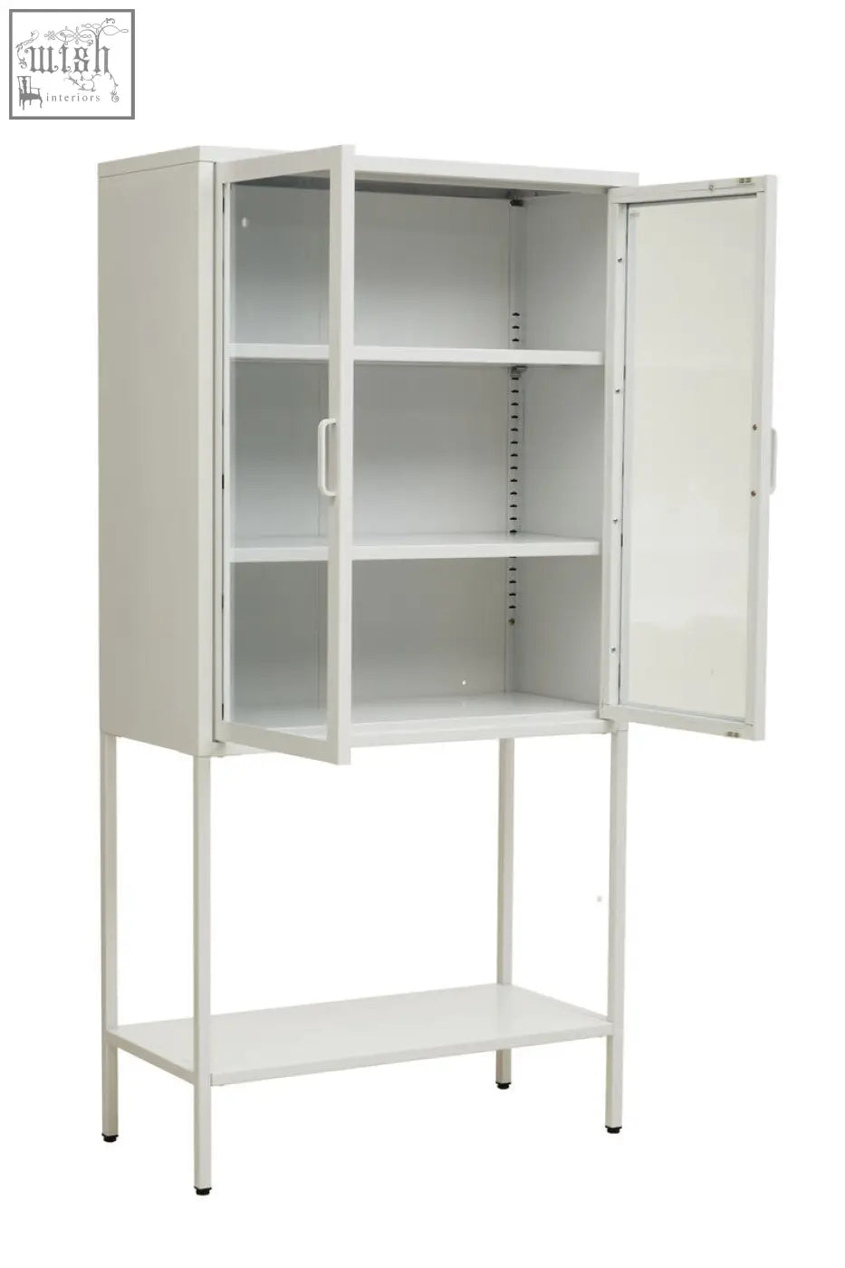 Acier two door white metal cabinet with glass doors and adjustable shelves ideal for organized storage