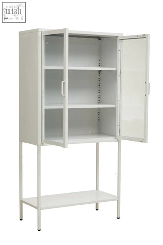 Acier two door white metal cabinet with glass doors and adjustable shelves ideal for organized storage