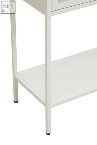 White metal side table with single drawer and open shelf in acier two door white metal cabinet with glass doors