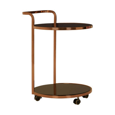 Ackley 2 tier drinks trolley with rose gold finish, two round glass shelves, and black caster wheels for easy mobility