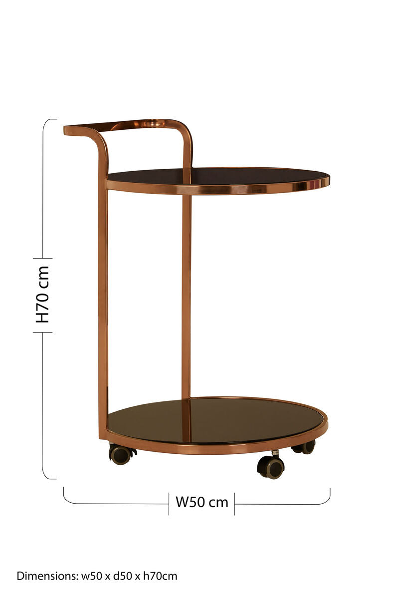 Ackley 2 tier drinks trolley with rose gold finish, two circular glass shelves, and black caster wheels