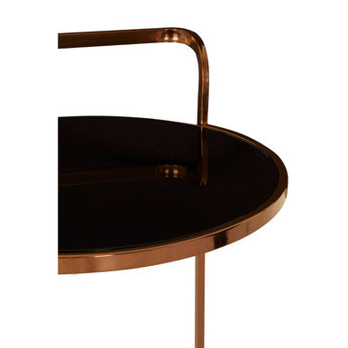 Ackley 2 tier drinks trolley with a copper-finished round bar and sleek black glass top in a rose gold finish
