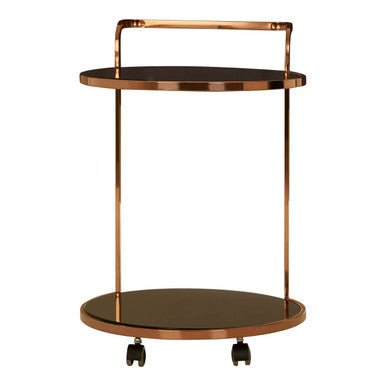 Ackley 2 tier drinks trolley with rose gold finish copper frame black glass shelves and caster wheels for easy use