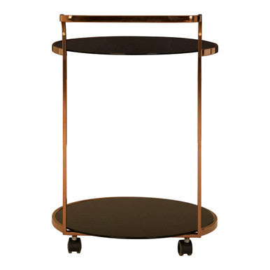Copper-finished metal serving cart with two black glass shelves and caster wheels in rose gold finish design
