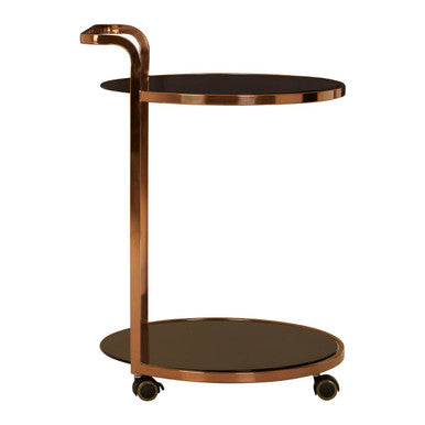 Ackley 2 tier drinks trolley with rose gold finish copper frame black glass shelves and smooth rolling casters