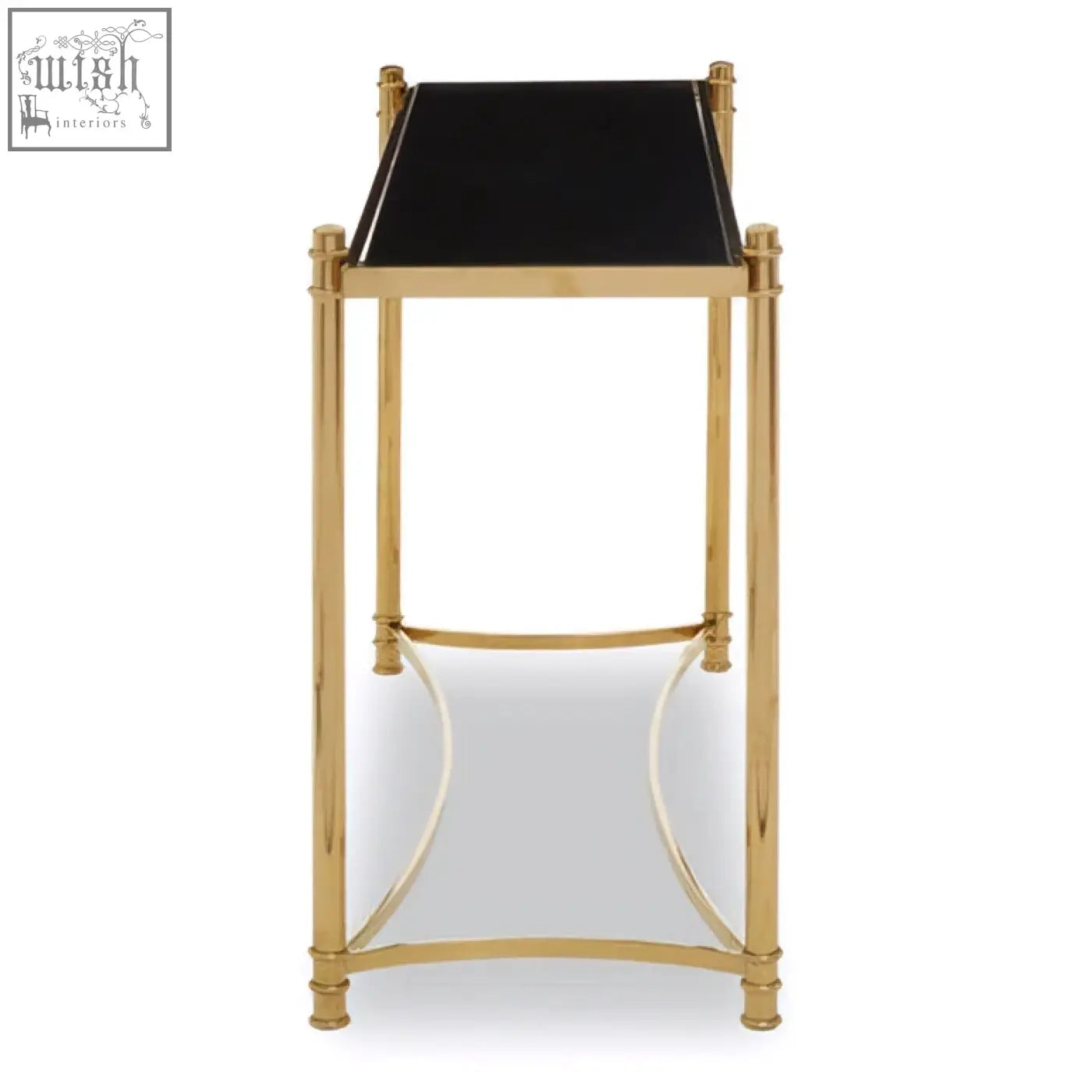 Ackley gold console table with gold finish metal frame black glass top and curved support legs