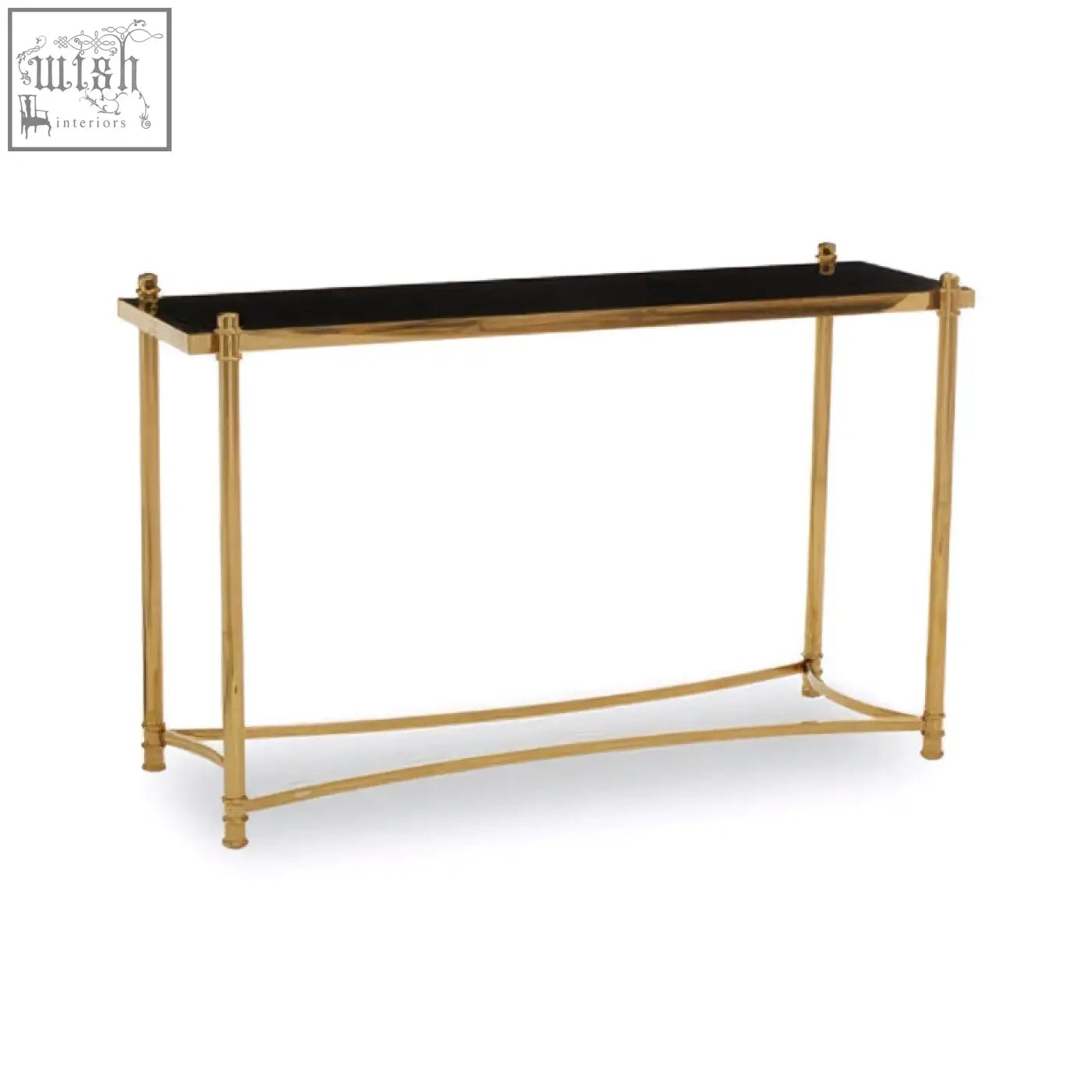 Ackley gold console table with gold finish black glass top and elegant curved legs perfect for stylish entryways