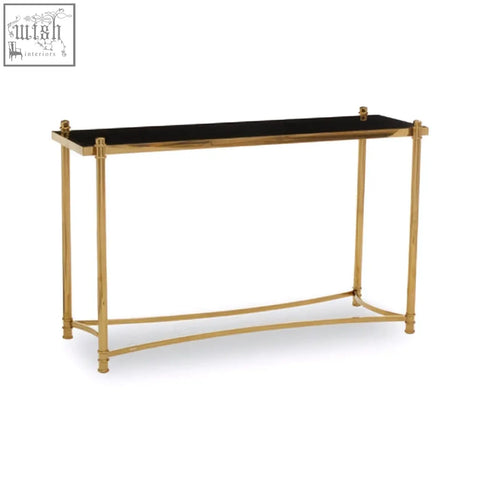 Ackley gold console table with gold finish black glass top and elegant curved legs perfect for stylish entryways