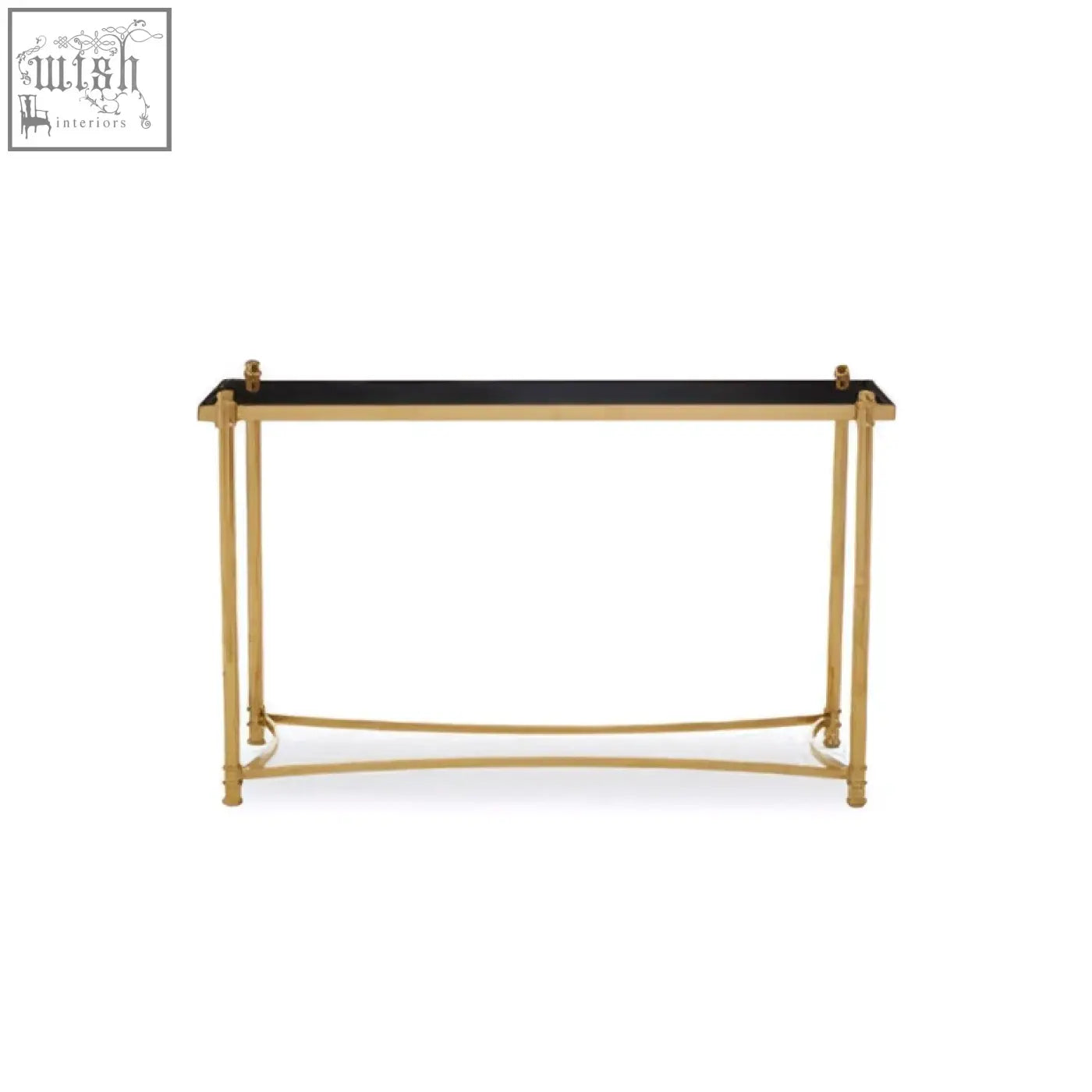 Ackley gold console table with black glass top and gold geometric frame perfect for modern entryways