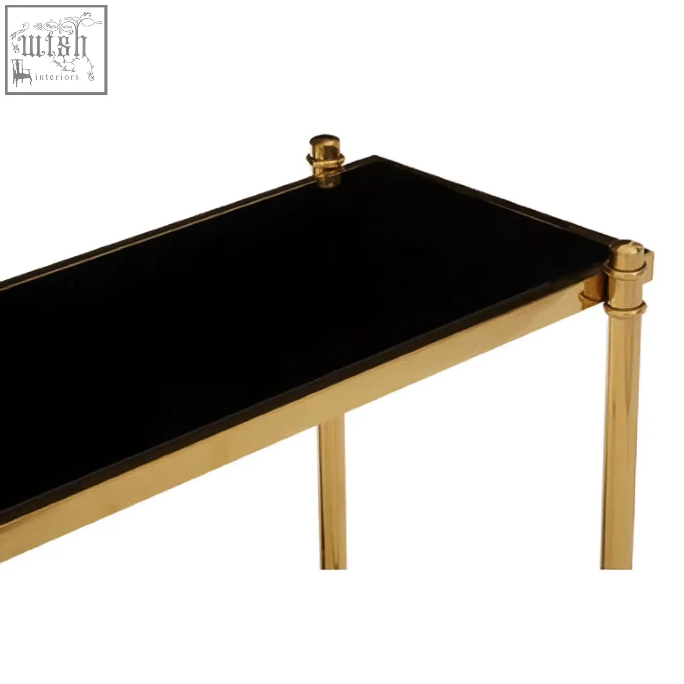 Ackley gold console table with black glass top and gold-toned metal legs featuring decorative finials
